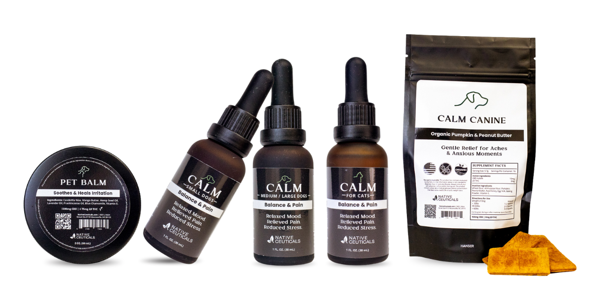 Native Ceuticals pet wellness products for dogs and cats, featuring Calm tinctures, Pet Balm, and Calm Canine pumpkin peanut butter treats.