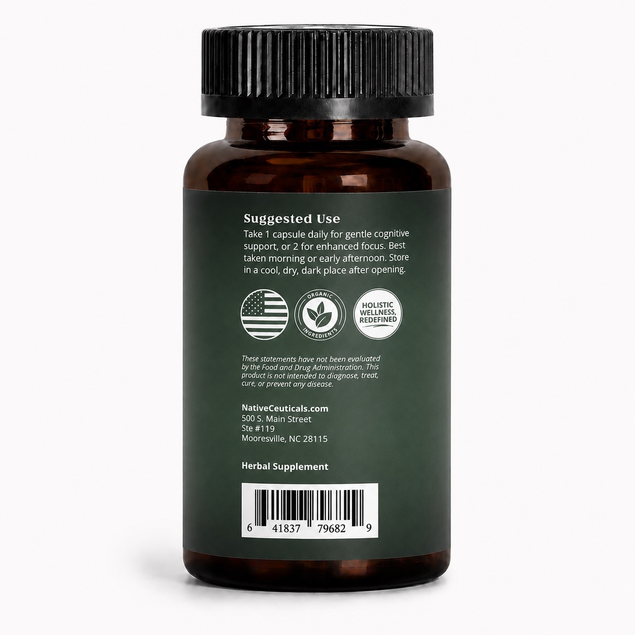 Back label of Native Ceuticals FOCUS showing Supplement Facts: L-Theanine, N-Acetyl L-Tyrosine (NALT), Rhodiola Rosea Extract, Palmitoylethanolamide (PEA), Nicotinamide Mononucleotide (NMN), and Black Pepper Extract.