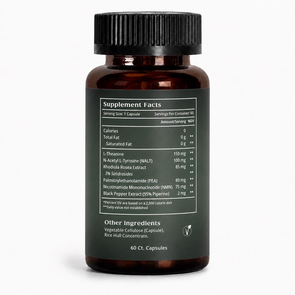 Back label of Native Ceuticals FOCUS with suggested use instructions, Made in USA, Organic Ingredients, and Holistic Wellness badges.