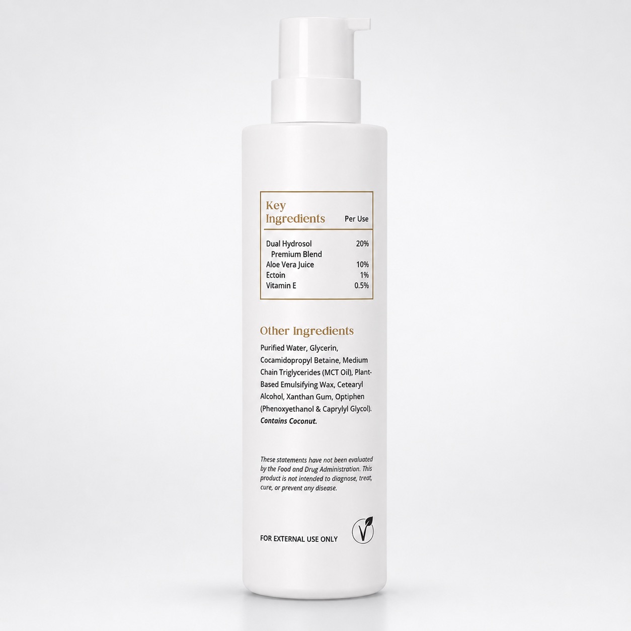 Back label of Native Ceuticals CLEANSE showing Key Ingredients: Dual Hydrosol Premium Blend, Aloe Vera Juice, Ectoin, and Vitamin E, with a full Other Ingredients list below.