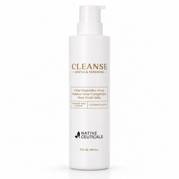 Native Ceuticals CLEANSE facial cleanser, 3 fl oz pump bottle, in white with gold text, lavender and rose scent.