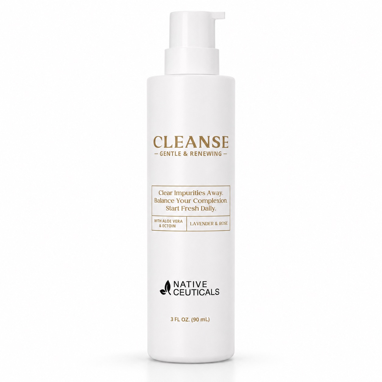 Native Ceuticals CLEANSE facial cleanser, 3 fl oz pump bottle, in white with gold text, lavender and rose scent.