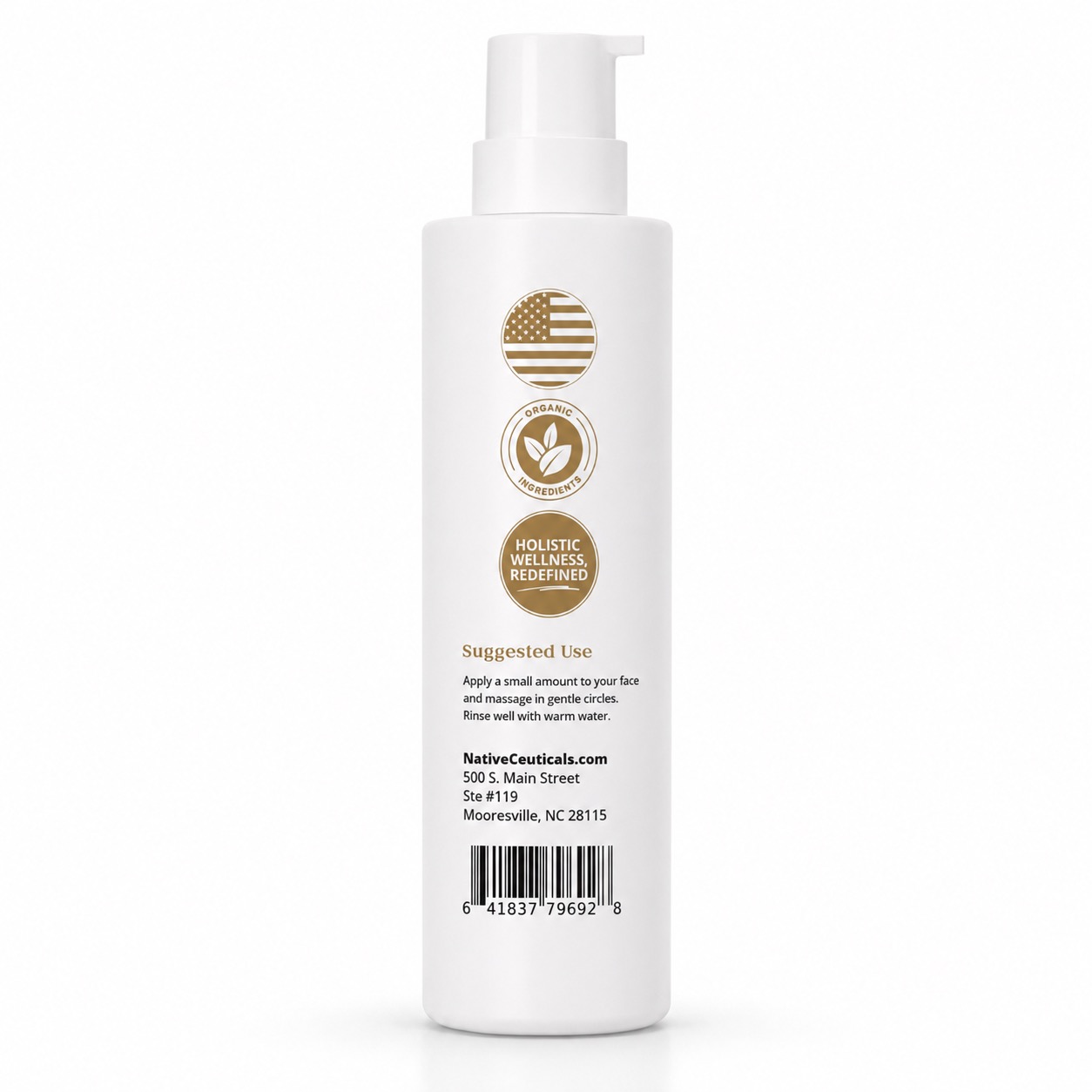 Back label of Native Ceuticals CLEANSE with suggested use instructions, Made in USA, Organic Ingredients, and Holistic Wellness badges