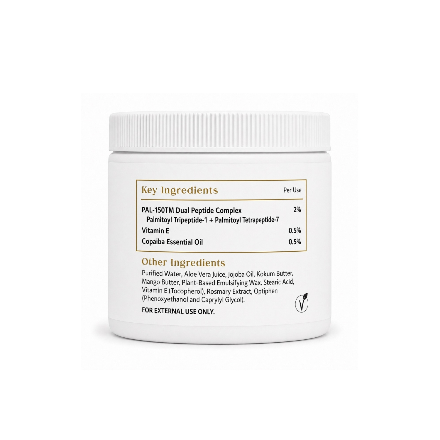 Back label of Native Ceuticals FORTIFY showing Key Ingredients: PAL-150 Dual Peptide Complex, Vitamin E, and Copaiba Essential Oil.