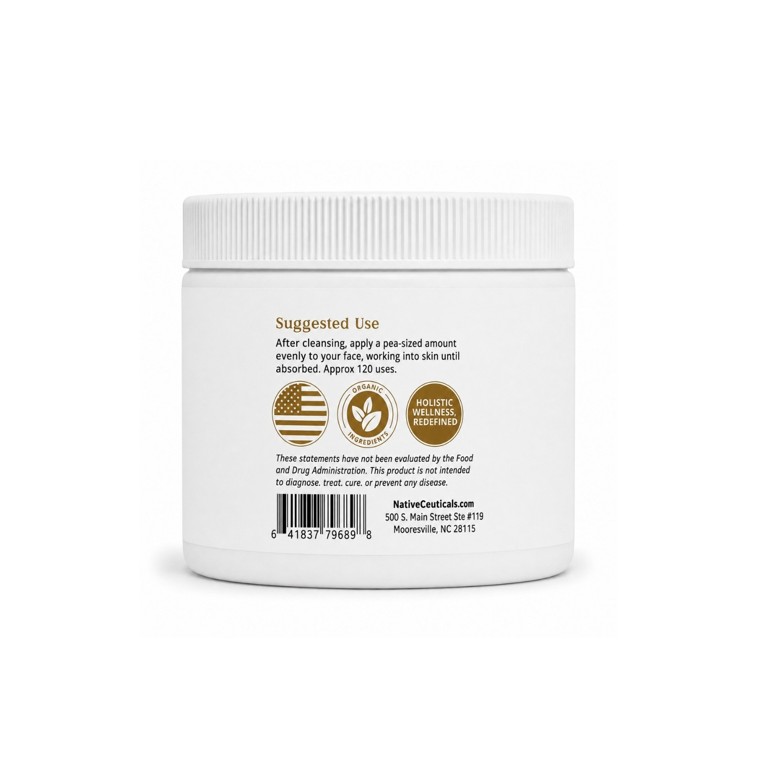 Back label of Native Ceuticals FORTIFY with suggested use instructions, Made in USA, Organic Ingredients, and Holistic Wellness badges.