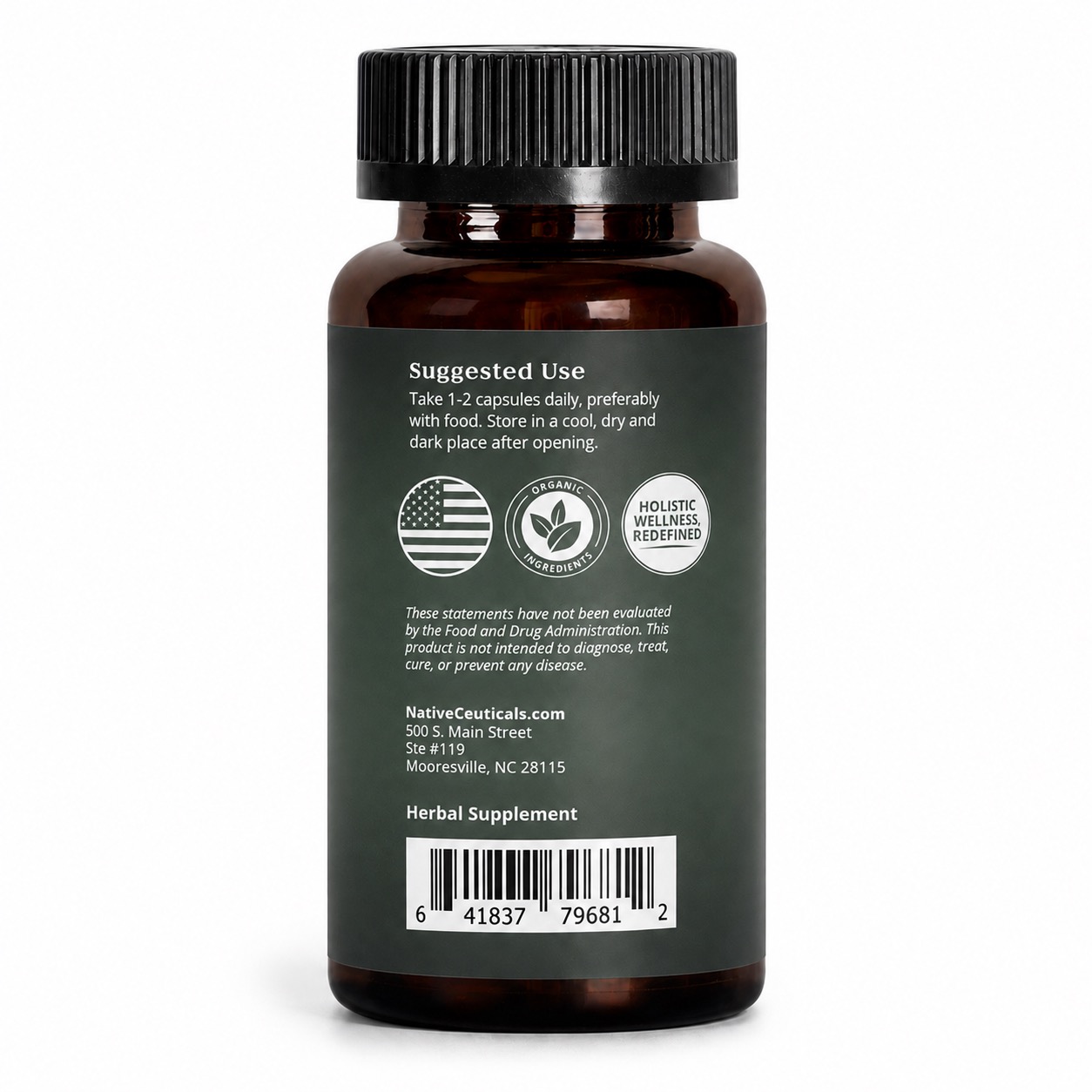 Back label of Native Ceuticals IMMUNITY with suggested use instructions, Made in USA, Organic Ingredients, and Holistic Wellness badges.