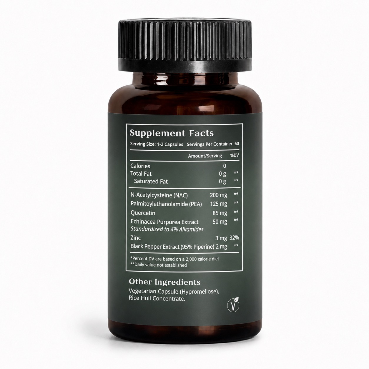 Back label of Native Ceuticals IMMUNITY showing Supplement Facts: N-Acetylcysteine (NAC), Palmitoylethanolamide (PEA), Quercetin, Echinacea Purpurea Extract, Zinc, and Black Pepper Extract.