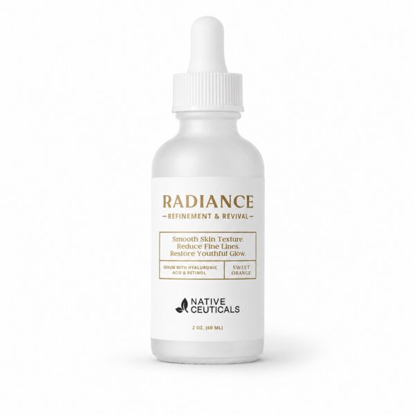 Native Ceuticals RADIANCE serum, 2 oz dropper bottle, in frosted white glass with gold text, sweet orange scent.