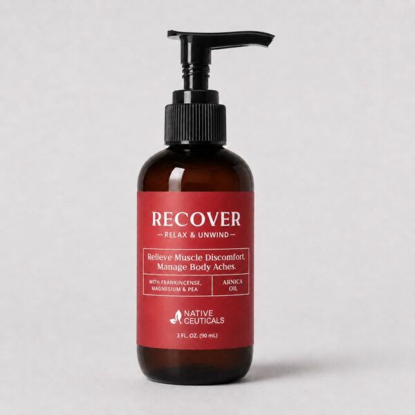 Native Ceuticals RECOVER lotion, 3 fl oz pump bottle, in amber plastic with a red label, with frankincense, magnesium and arnica oil.