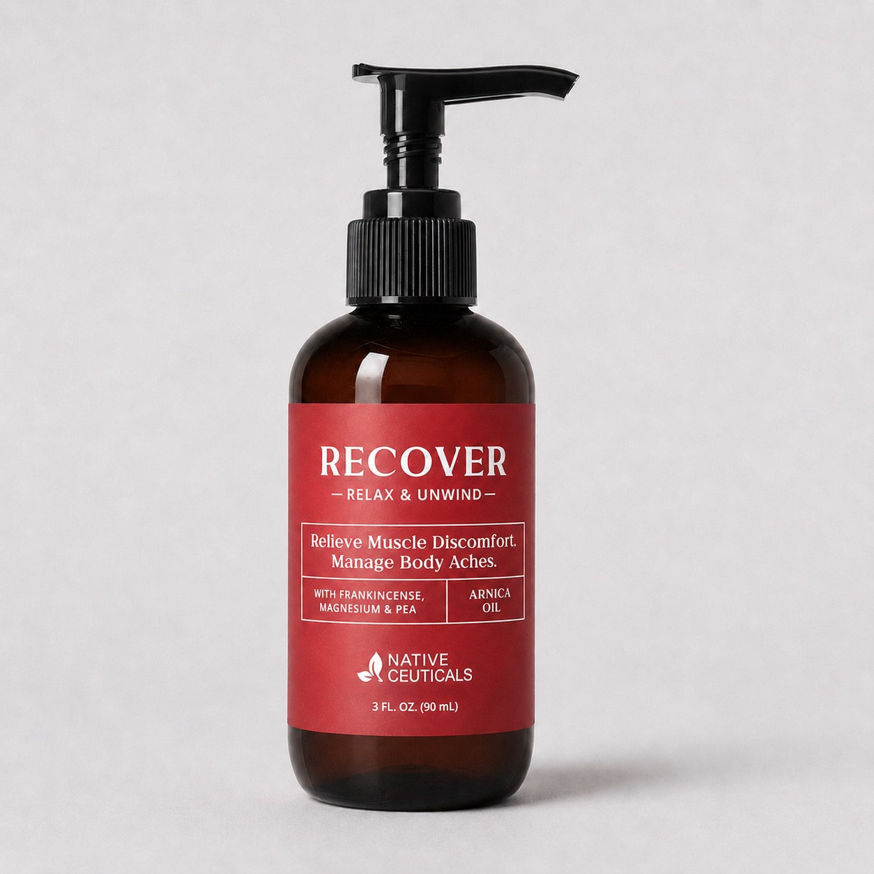 Native Ceuticals RECOVER lotion, 3 fl oz pump bottle, in amber plastic with a red label, with frankincense, magnesium and arnica oil.