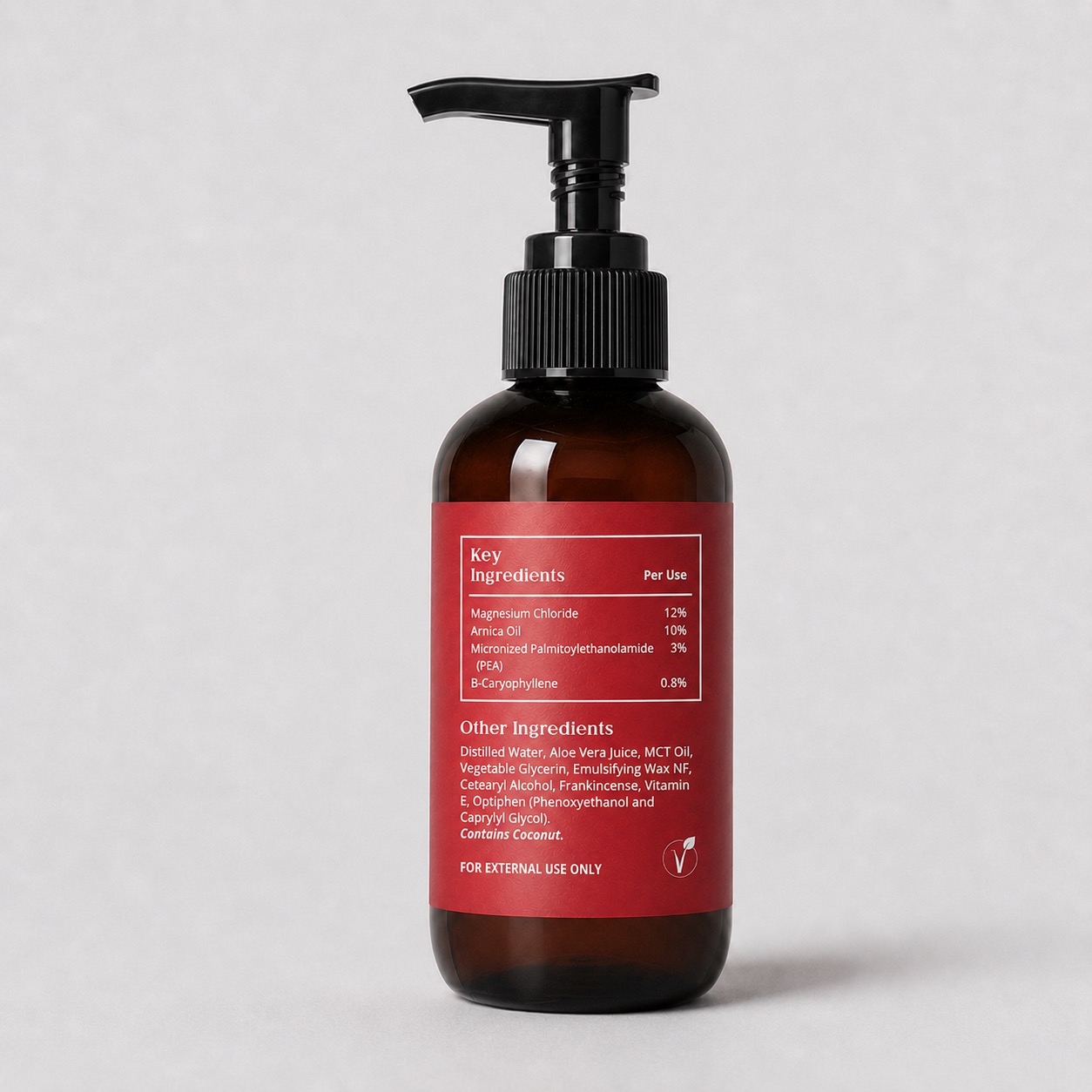 Back label of Native Ceuticals RECOVER showing Key Ingredients: Magnesium Chloride, Arnica Oil, Micronized Palmitoylethanolamide (PEA), and Beta-Caryophyllene.
