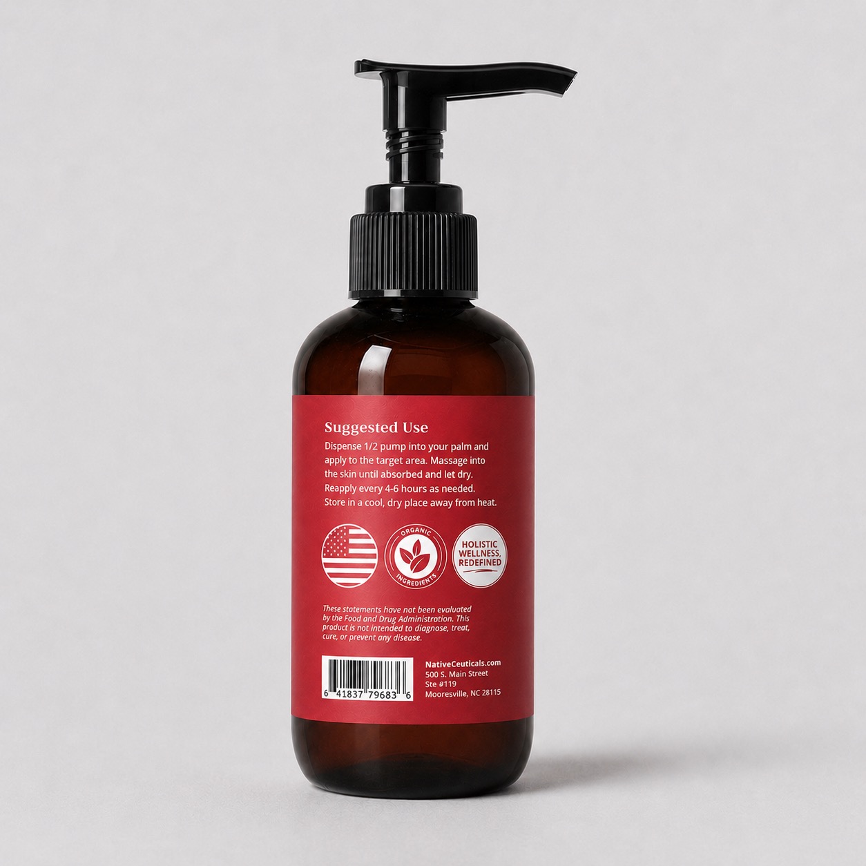 Back label of Native Ceuticals RECOVER with suggested use instructions, Made in USA, Organic Ingredients, and Holistic Wellness badges.