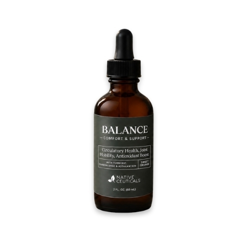 Native Ceuticals BALANCE tincture, 2 fl oz dropper bottle, in amber glass with a dark green label and sweet orange flavor.
