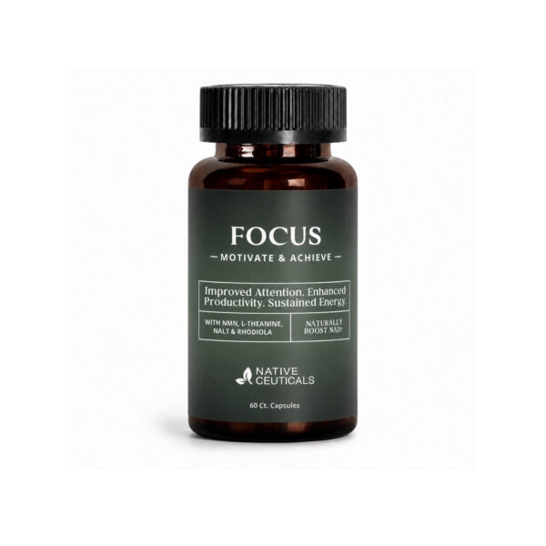 Native Ceuticals FOCUS supplement, 60-count capsules, in a dark green and amber glass bottle.