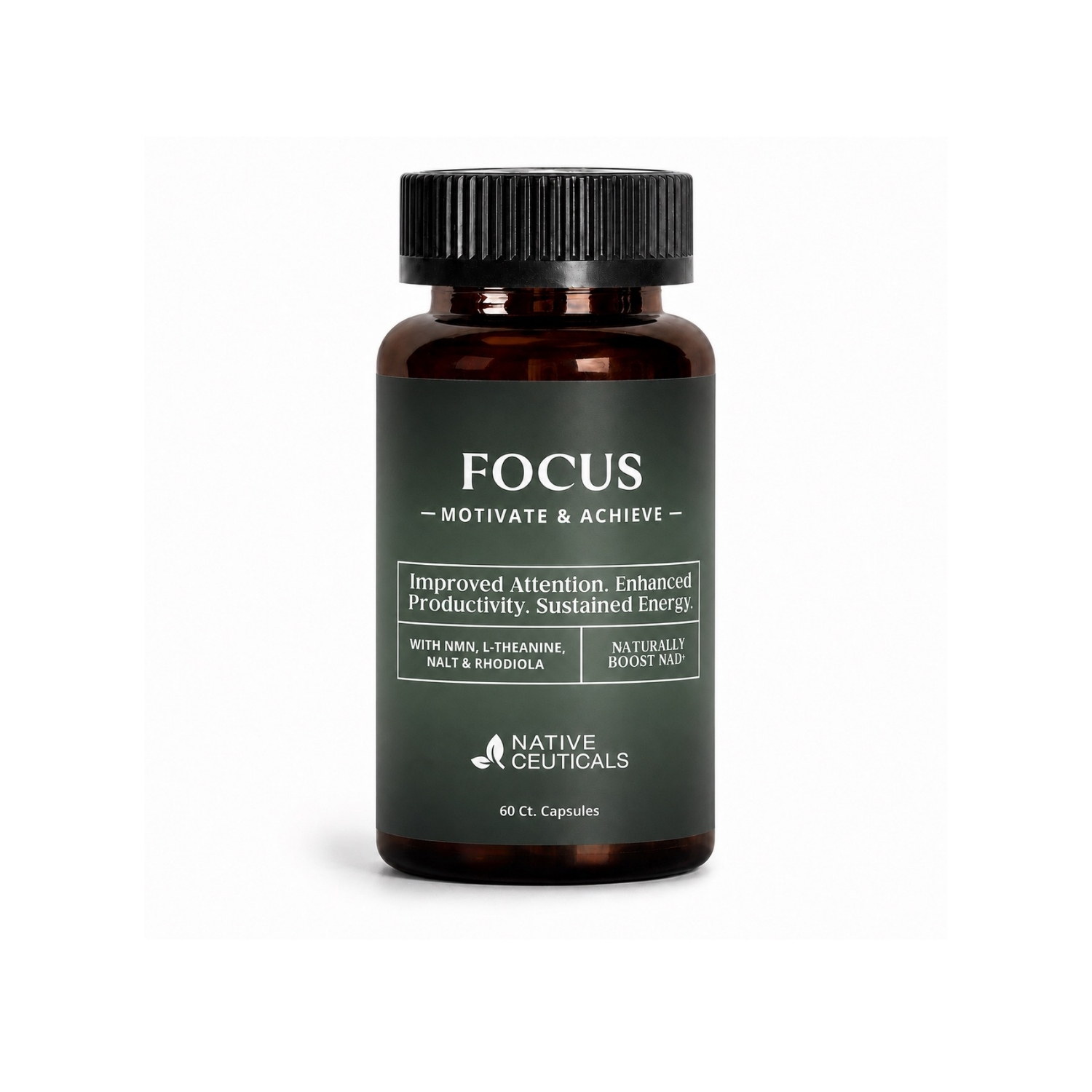 Native Ceuticals FOCUS supplement, 60-count capsules, in a dark green and amber glass bottle.