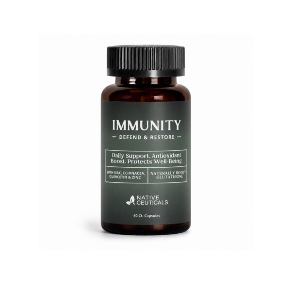 Native Ceuticals IMMUNITY supplement, 60-count capsules, in a dark green and amber glass bottle.