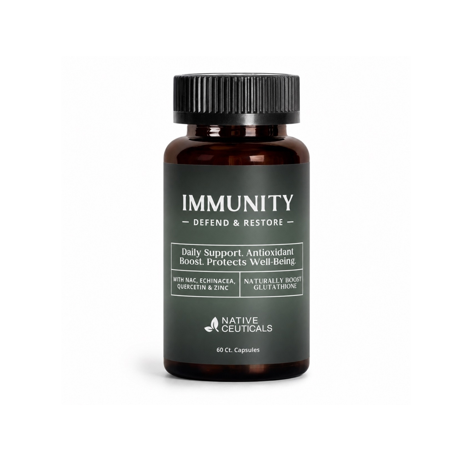Native Ceuticals IMMUNITY supplement, 60-count capsules, in a dark green and amber glass bottle.