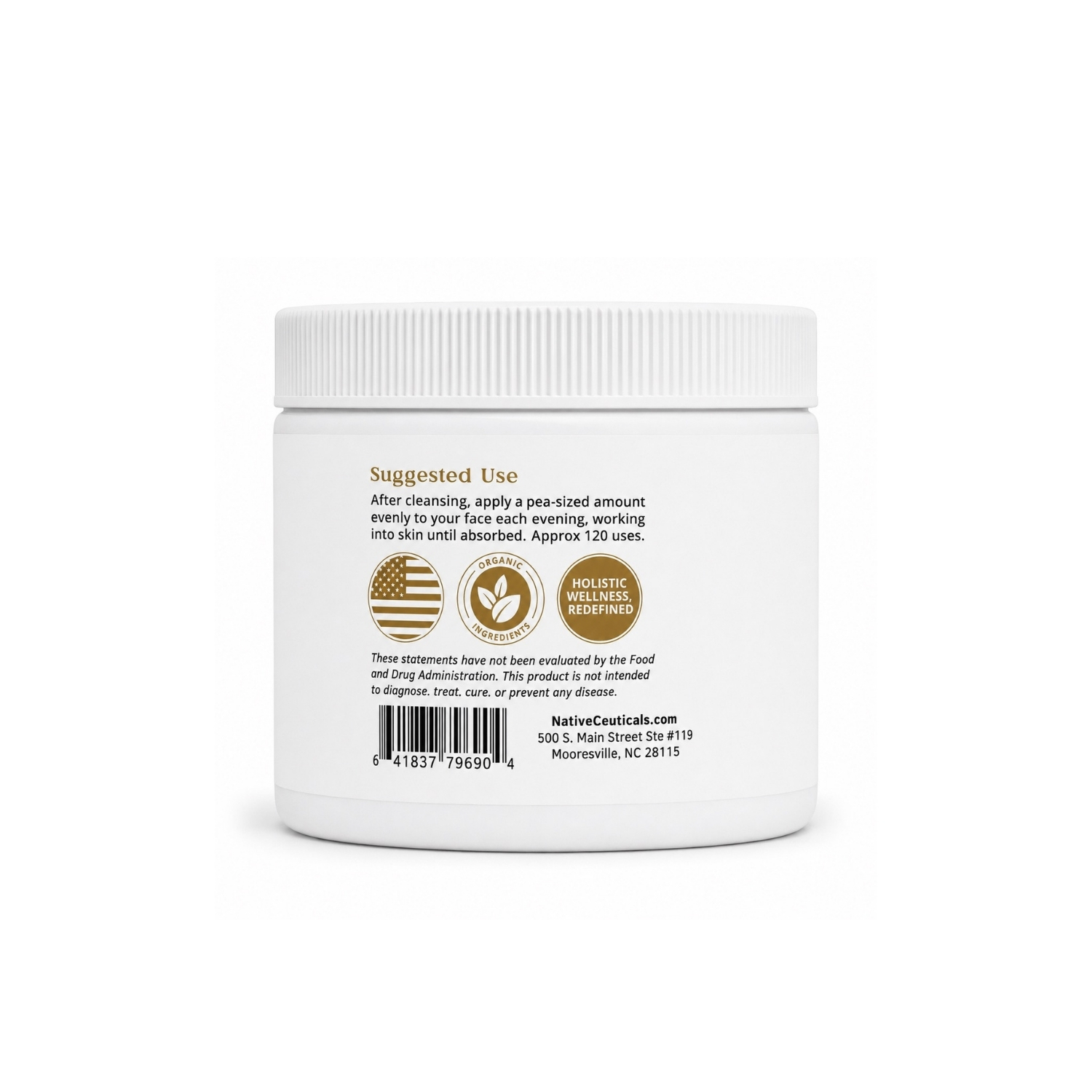 Back label of Native Ceuticals NIGHT showing Key Ingredients: MSM, Ectoin, and a proprietary essential oil blend of frankincense, myrrh, lavender, and sweet orange.