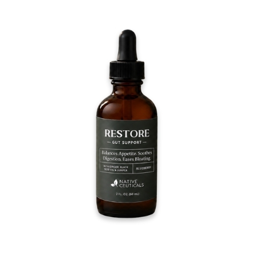 Back label of Native Ceuticals RESTORE showing Supplement Facts: Blueberry Seed Oil, Black Seed Oil, Beta-Caryophyllene, Juniper Berry Essential Oil, and Ginger CO2 Extract, in an MCT oil base.