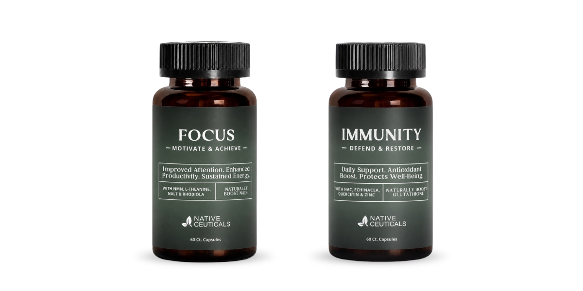 Native Ceuticals Focus and Immunity capsule bottles in amber glass with dark green labels on a white background.