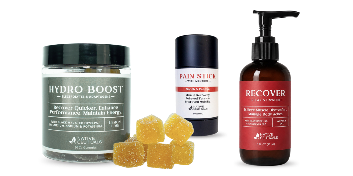 Native Ceuticals Hydro Boost lemon lime gummies with loose gummies in front, Pain Stick with menthol, and Recover pump bottle.