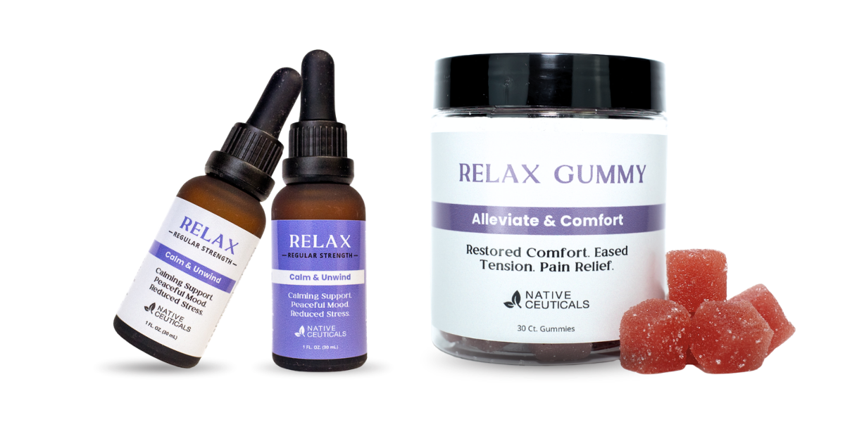 Native Ceuticals Relax Regular Strength tinctures with purple labels beside a jar of Relax Gummies and a few loose red gummies.