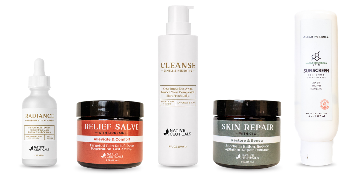 Native Ceuticals skincare lineup: Radiance dropper serum, Relief Salve jar, Cleanse pump bottle, Skin Repair jar, and Sunscreen tube on a white background.