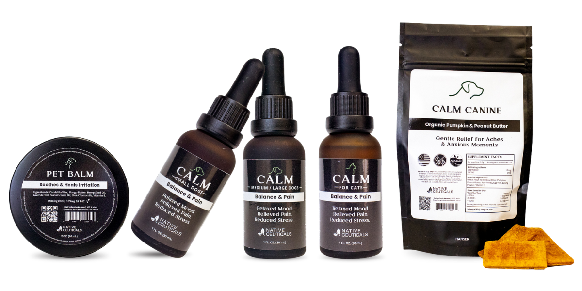 Native Ceuticals pet products: Pet Balm tin, Calm tinctures for small dogs, medium and large dogs, and cats, and a bag of Calm Canine pumpkin and peanut butter chews.