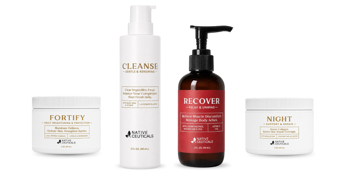 Native Ceuticals Fortify jar, Cleanse pump bottle, Recover pump bottle with a red label, and Night jar, arranged in a row on a white background.